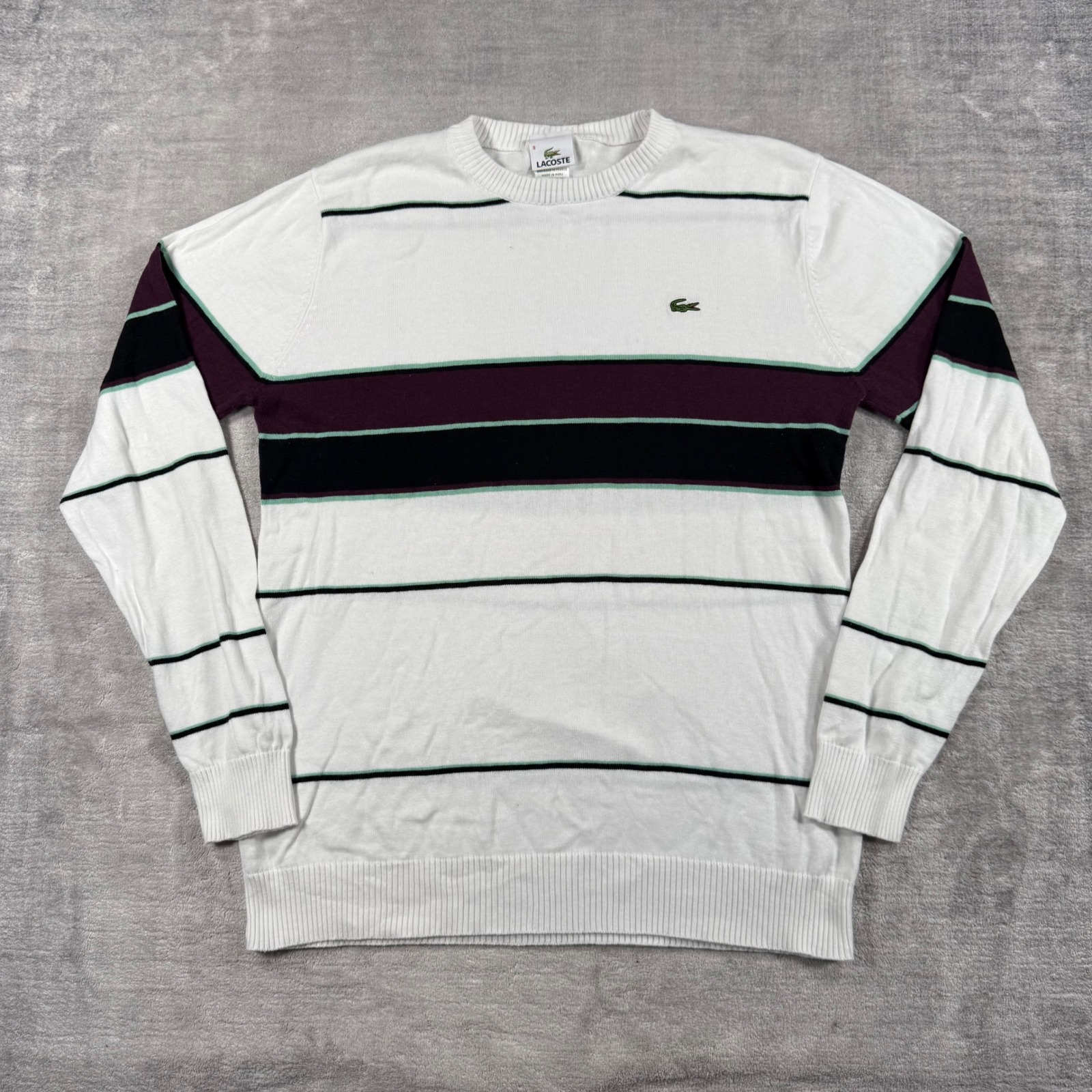 Lacoste Sweater Mens 8 White Striped Knit Cotton Crewneck Pullover Preppy Tennis